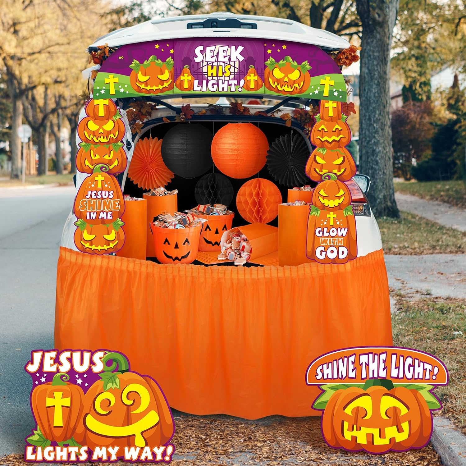 Juego de 29 piezas de decoración de maletero o regalo de Halloween con temática religiosa para auto, borde cristiano, cubeta de calabaza, bolsa de