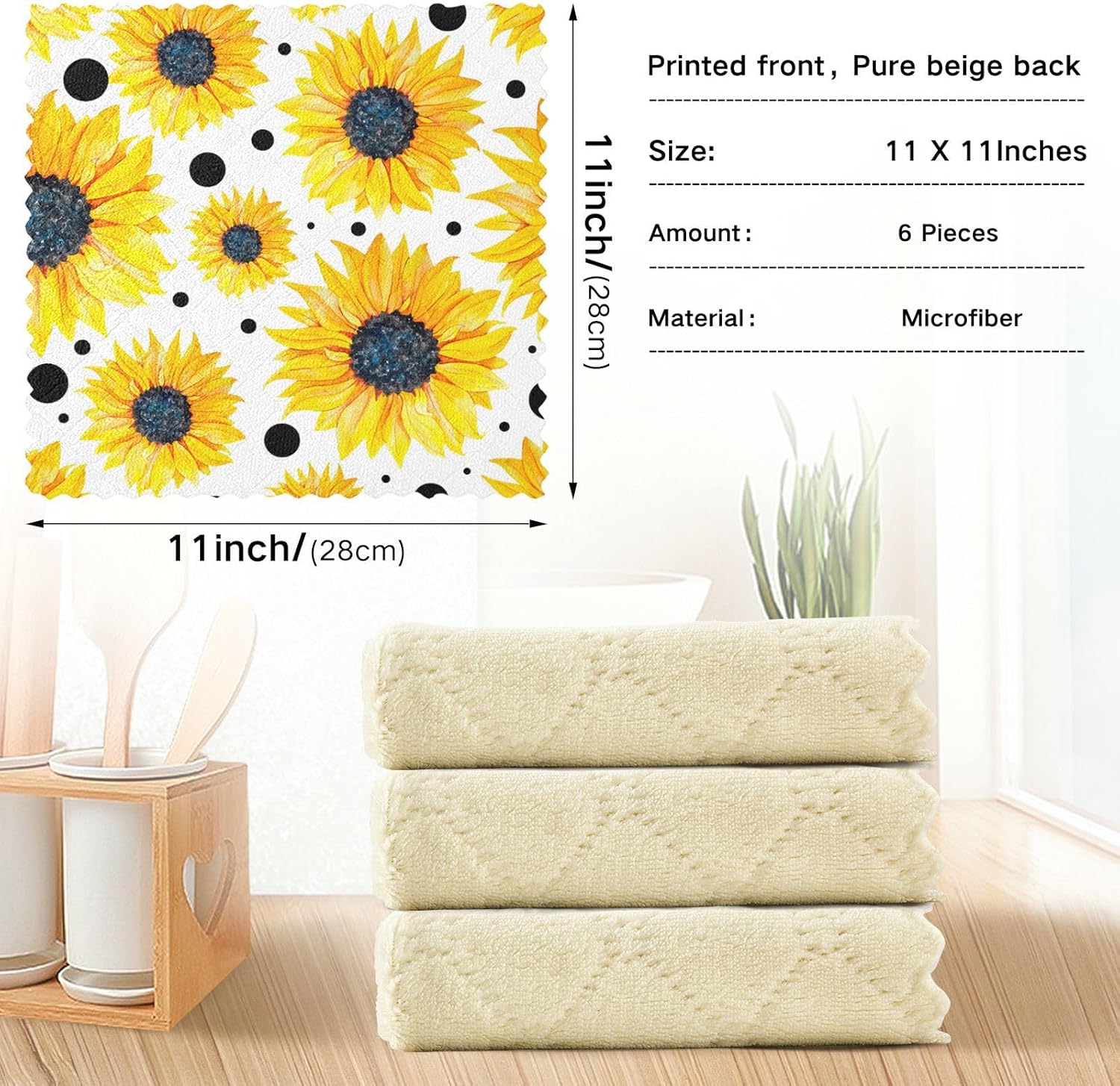 Yellow Sunflowers White Cotton Print Microfiber Dish Drying Towel Quick Dry Set of 6 Tea Towels for Kitchen for Restaurant Sink