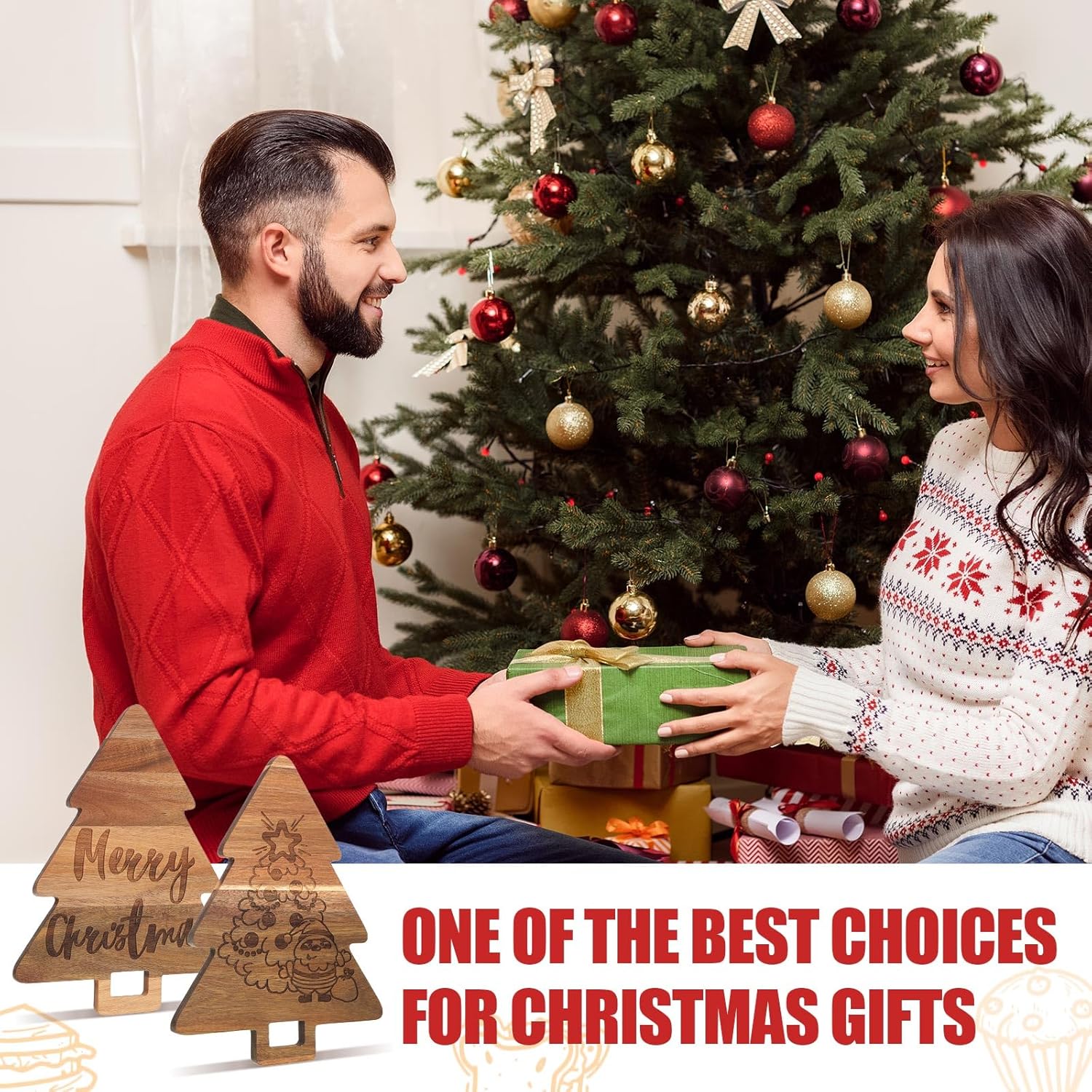 2 tablas de charcutería de Navidad para árbol de Navidad, cocina, tabla de cortar de madera con mango de madera de acacia de Papá Noel, bonita tabla