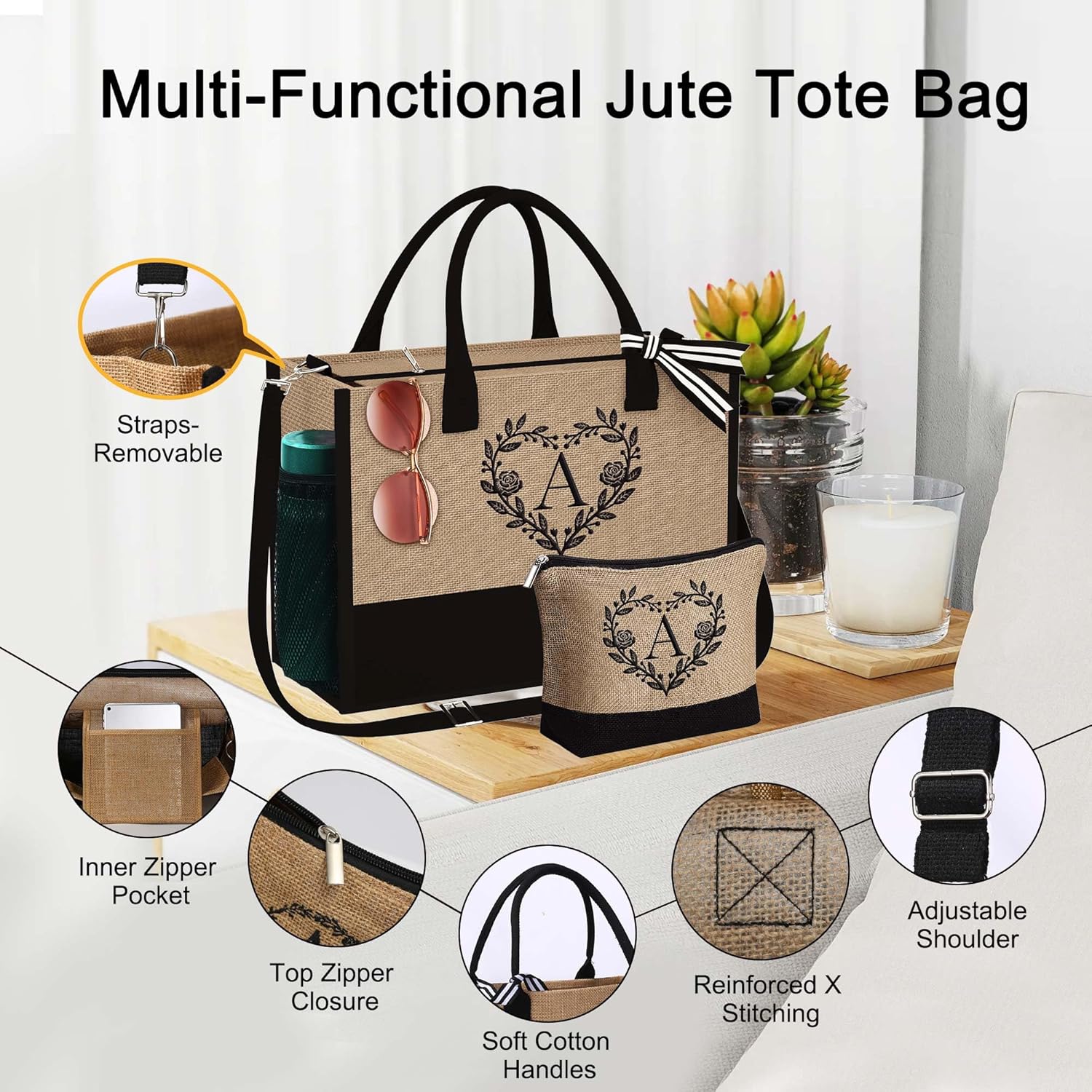 Regalos personalizados para mujeres, bolsa de yute con inicial con bolsa de maquillaje, regalos para mujeres, mamá, novia, cumpleaños, Amarillo, 40