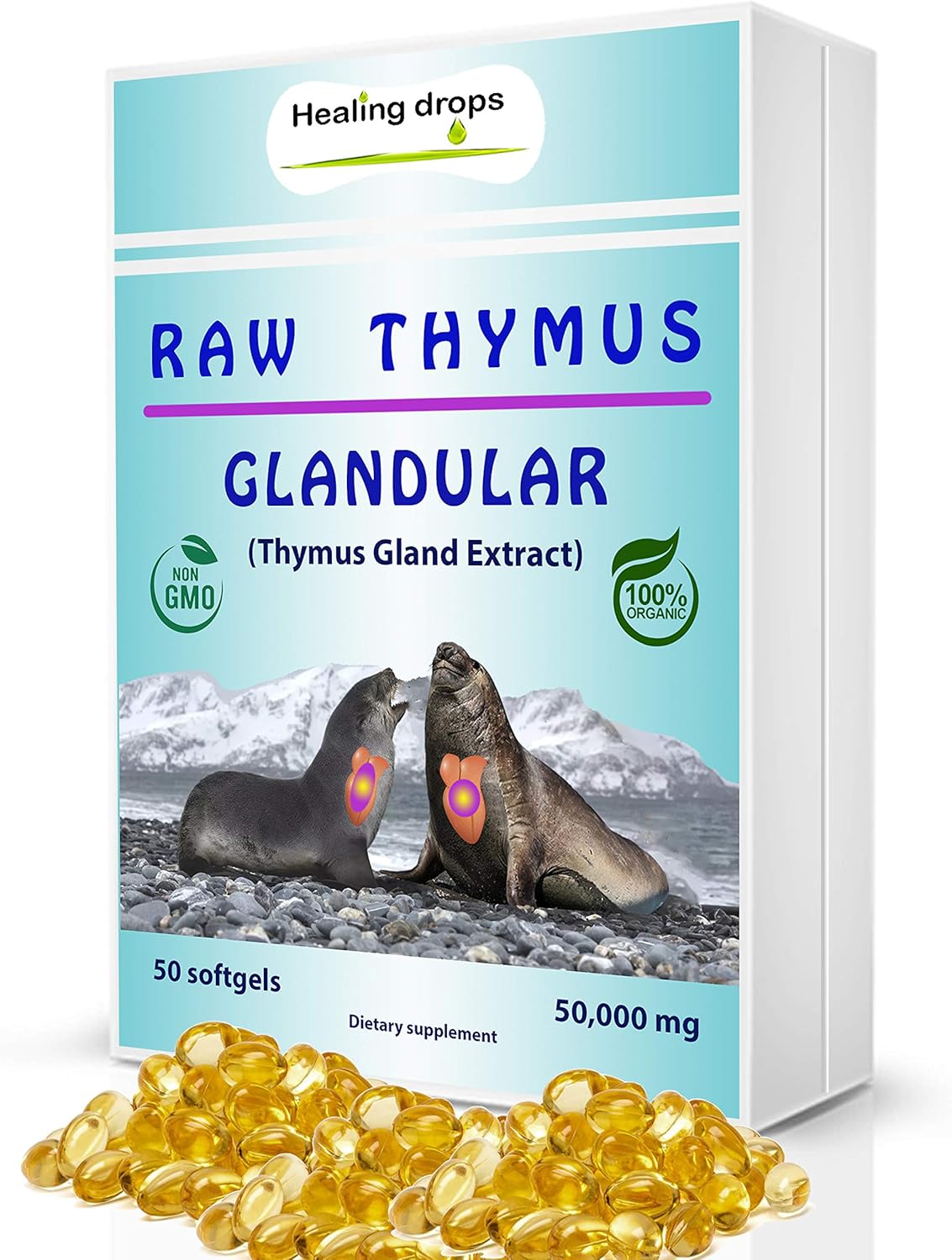 HEALING DROPS Suplemento glandular Thymus Extracto de tejido crudo – Apoya la alergia inmunológica Histamina Health Geles suaves con Harbor Seal