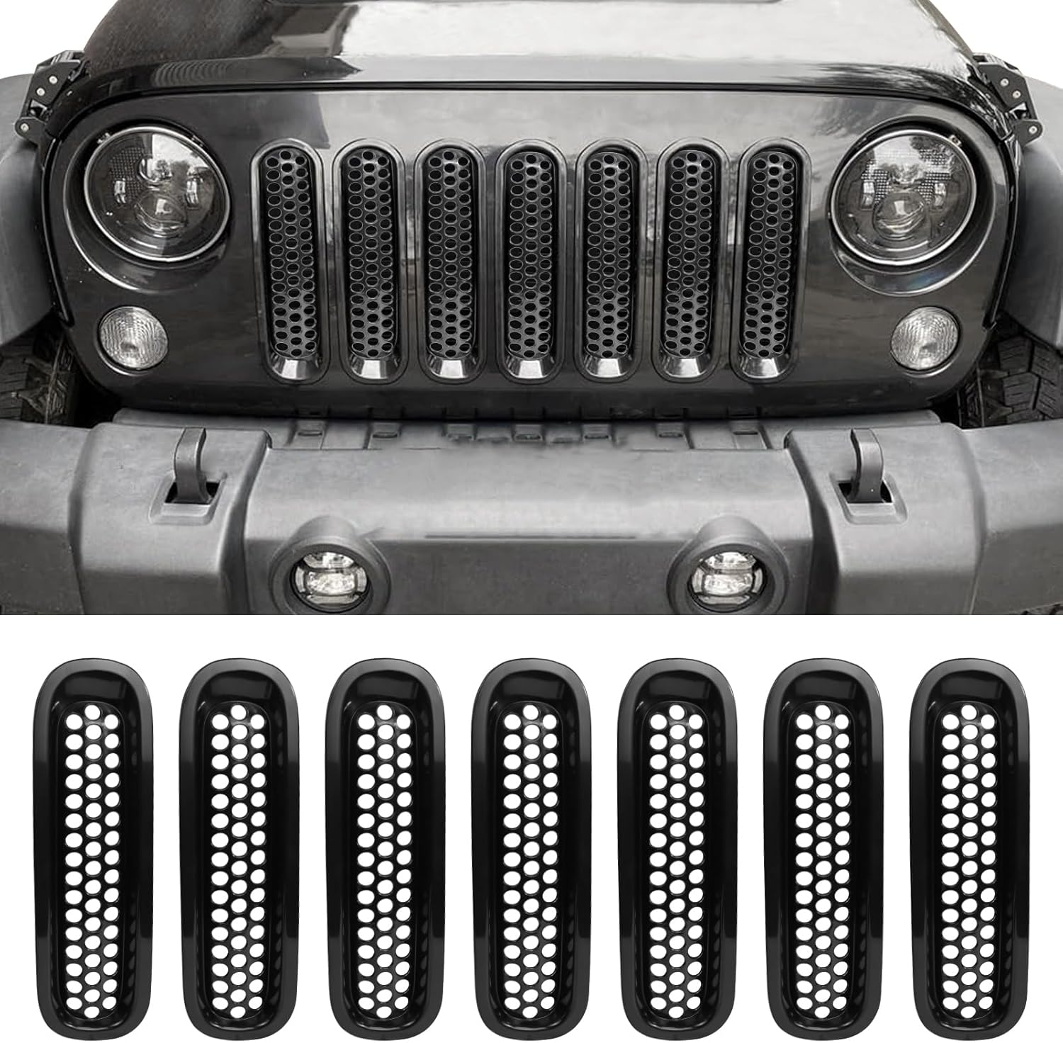 Paquete de 7 insertos de parrilla aptos para Jeep Wrangler JK, protector de rejilla frontal negro compatible con Jeep Wrangler de 2 puertas y 4