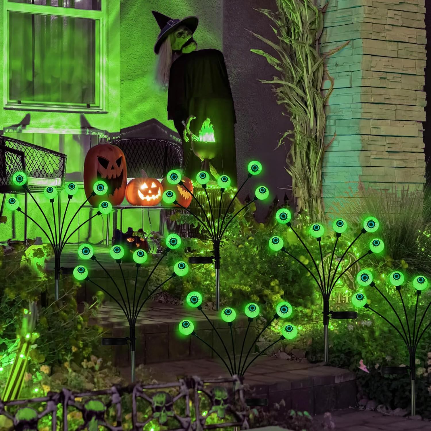 Luces solares de globo ocular para decoración de Halloween, paquete de 2 luces LED de luciérnaga con estacas, luces solares impermeables y