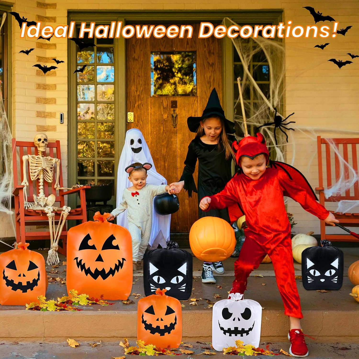 CHANGE MOORE Bolsas de césped de hojas de Halloween, 7 unidades, 4 diseños, bolsa de césped de calabaza con lazos giratorios, decoraciones de