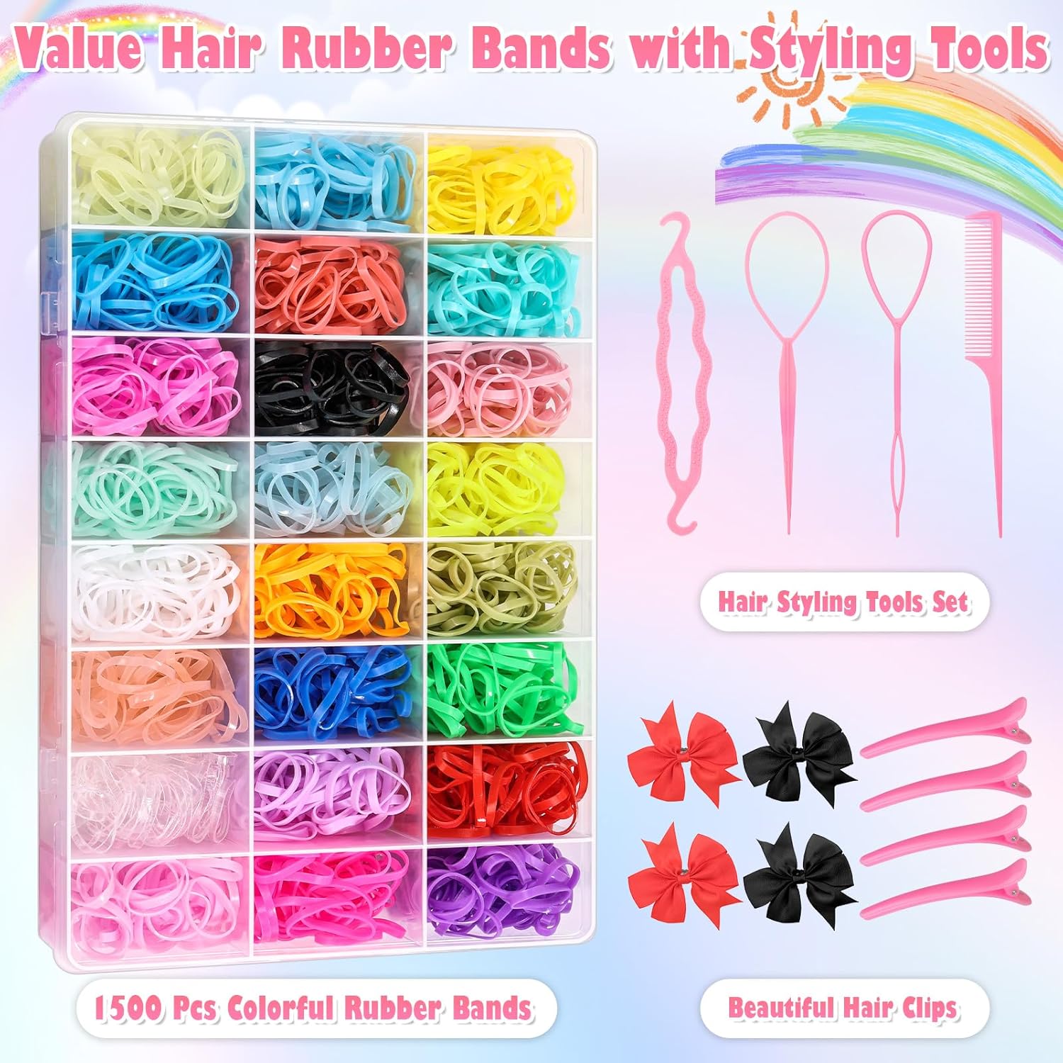 Bandas de goma de 24 colores para el cabello con herramientas de peinado del cabello, 1500 unidades de bandas elásticas para el cabello con