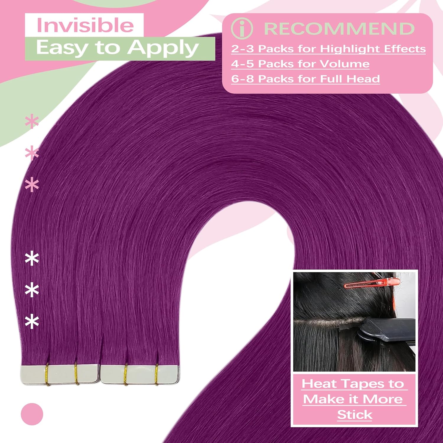 YoungSee Extensiones de cabello humano con cinta morada de 12 pulgadas, extensiones de cabello humano Remy con cinta adhesiva, 10 unidades,