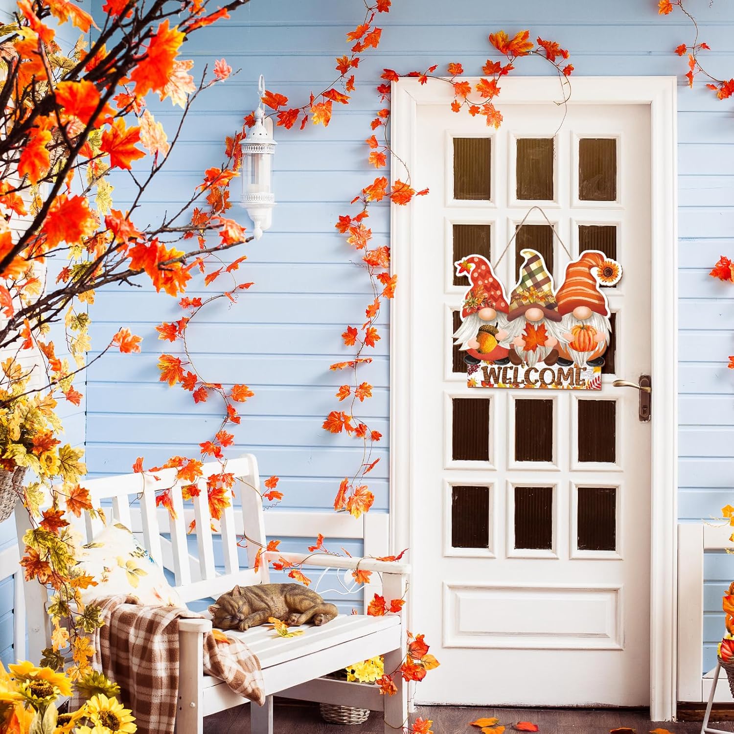 Whaline Letrero colgante de madera de otoño, gnomos, otoño, Acción de Gracias, letrero rústico de puerta de madera para cosecha de otoño, decoración