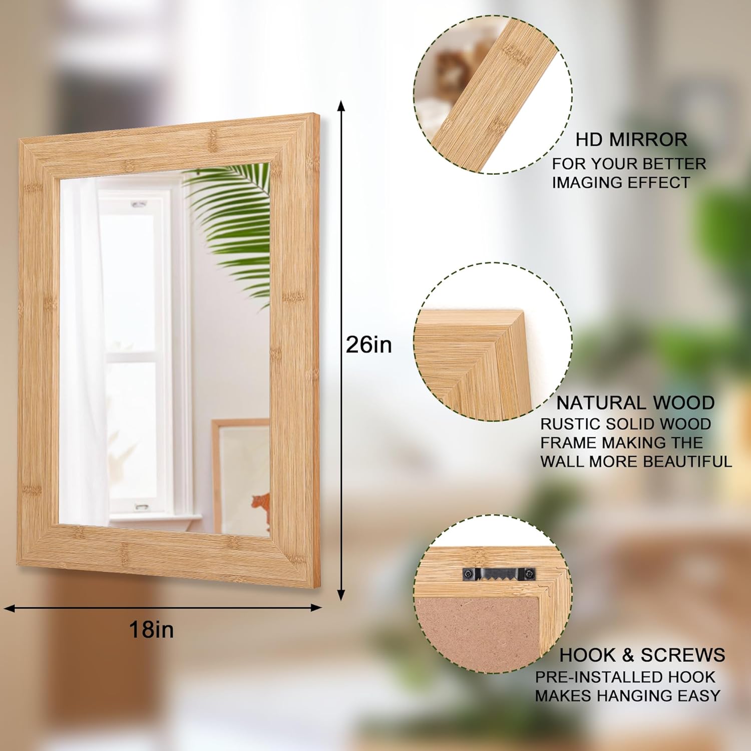Espejo rectangular con marco de madera rústica para montar en la pared, espejo de pared antiguo para tocador de granja, dormitorio, baño, sala de
