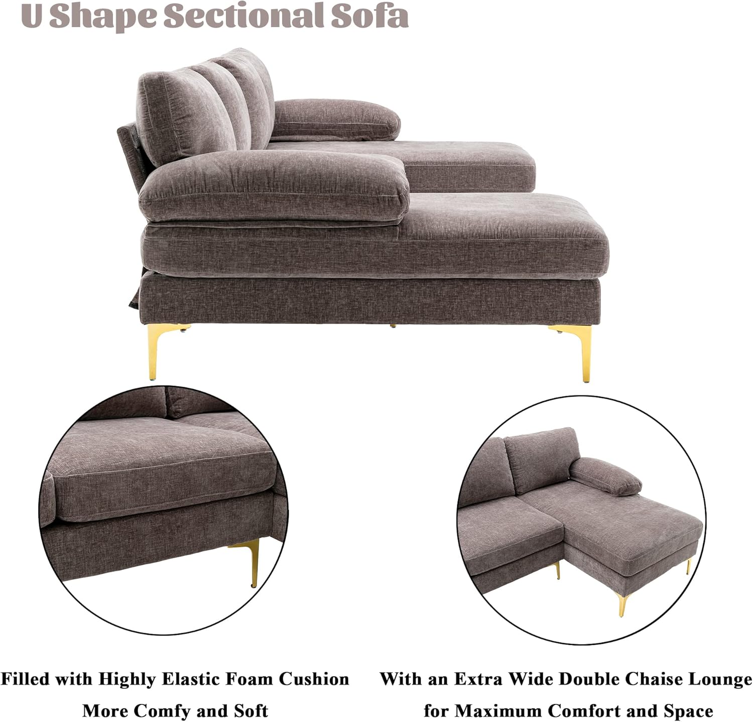 Olela Sofá modular en forma de U, moderno sofá modular de tela de chenilla grande, sofá extra ancho con diván y patas doradas para sala de estar
