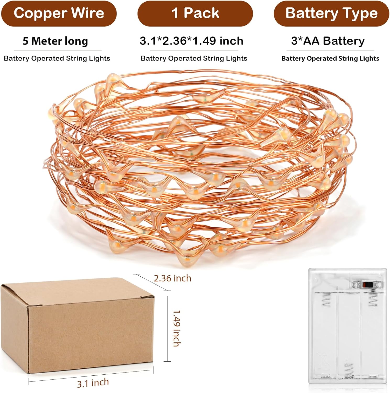 Ariceleo – Tira de luces de cobre, de pilas, mini luces para habitación, Navidad, Fiestas, Boda, centro de mesa, decoración