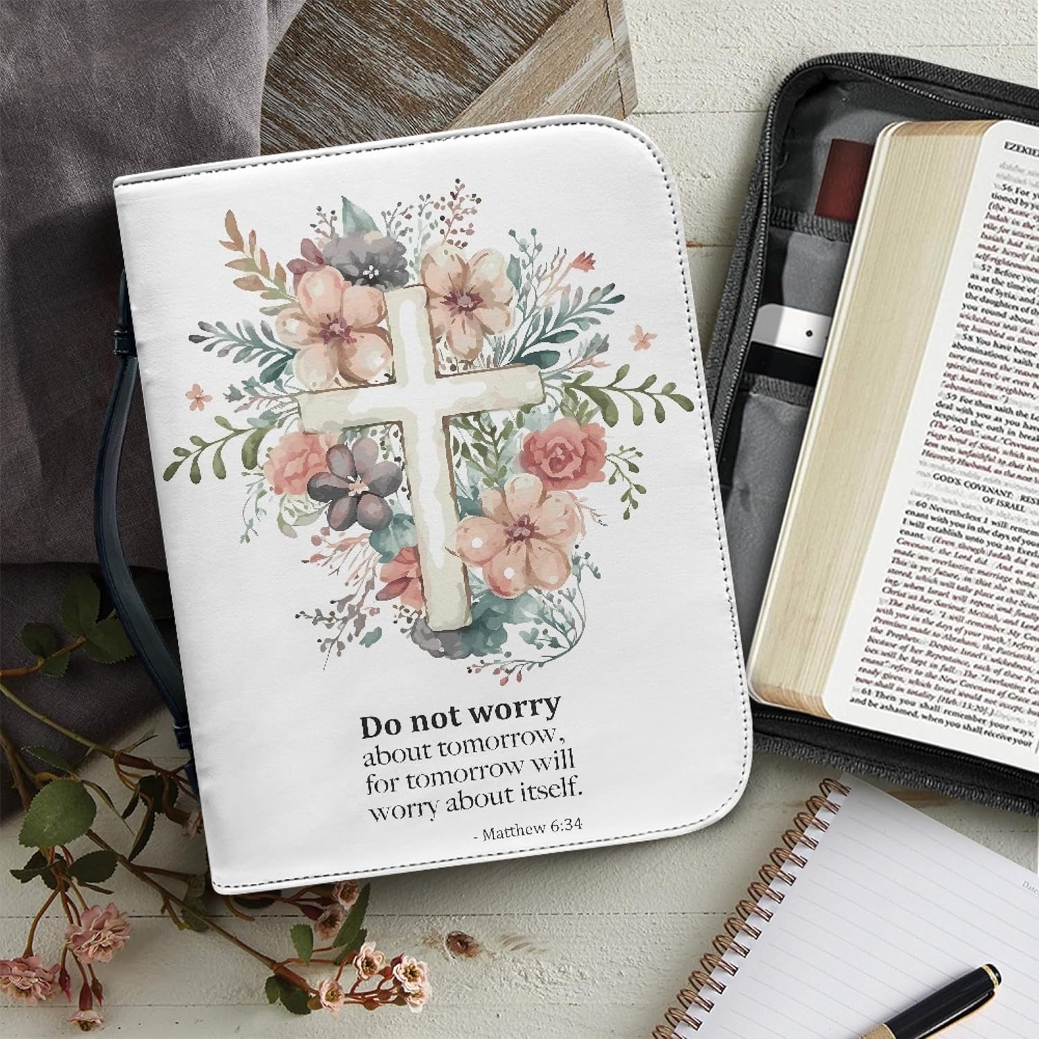 Estuche grande de la Biblia floral para mujer con versículo cruzado, tamaño grande con asa con cremallera, estuche de iglesia escritura, regalo