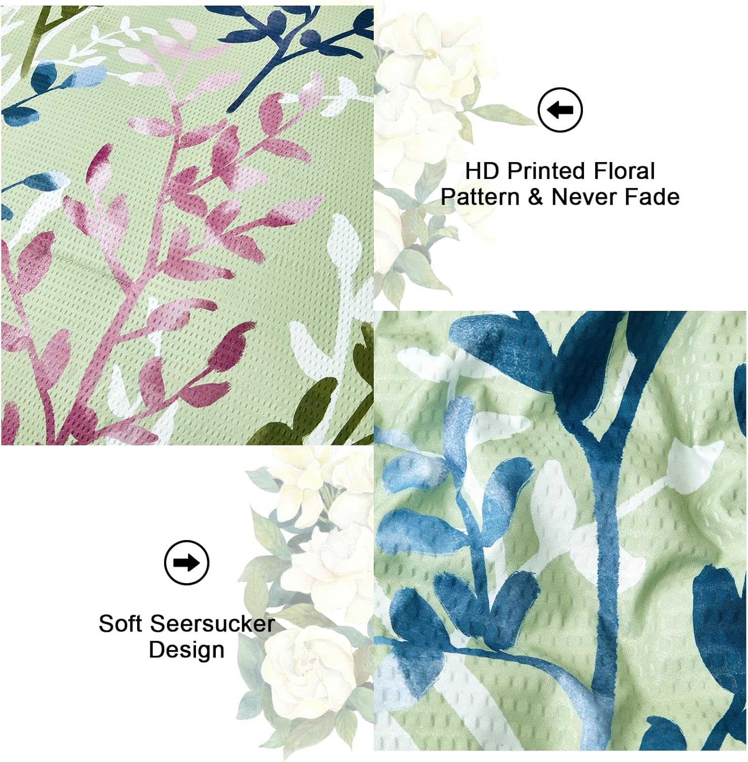 Juego de edredón de 7 piezas, color verde salvia, tamaño King, diseño floral de sirsaca suave, para todas las estaciones, juego de ropa de cama