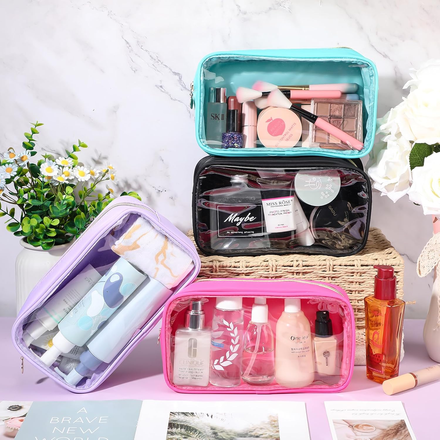 4 bolsas de maquillaje transparentes para bolso, bolsa de maquillaje de nailon y PVC, bolsa de viaje para cosméticos, bolsa de aseo con cremallera,
