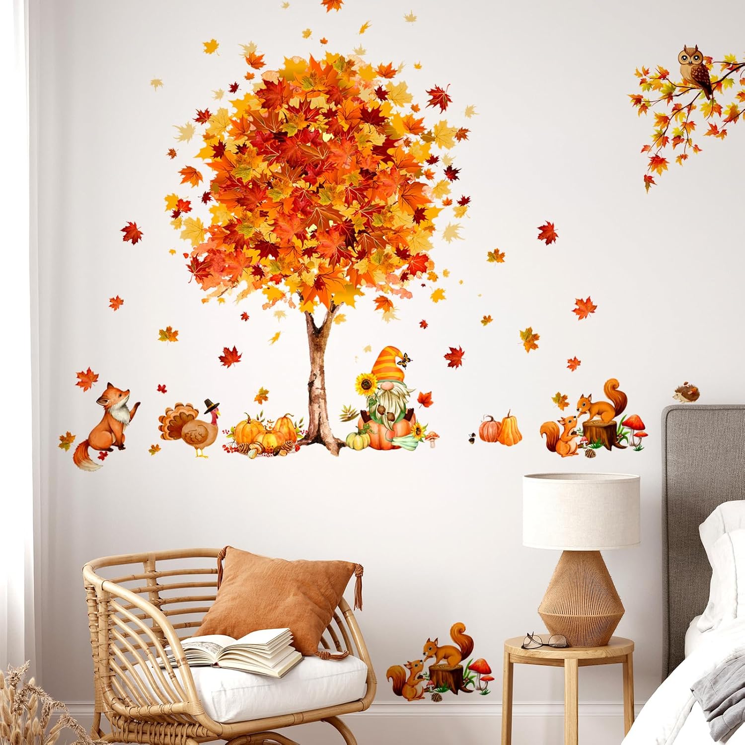 Calcomanías de pared de árbol de Acción de Gracias de gran tamaño, calcomanías de pared de hojas de arce, cosecha de otoño, calabaza, árbol,