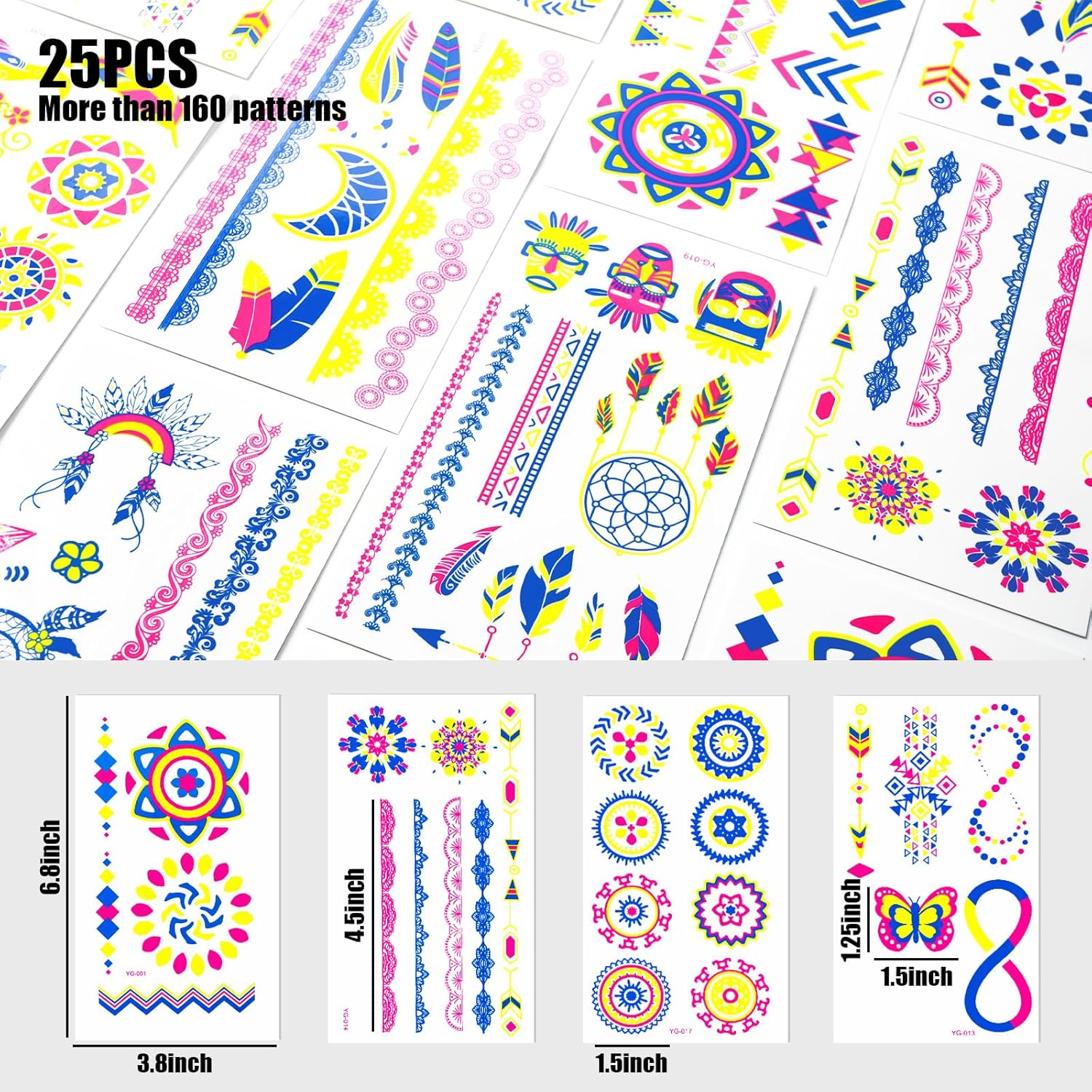 Koogel 25 hojas de tatuajes temporales que brillan en la oscuridad, 160 calcomanías de tatuaje brillantes, impermeables, UV, neón, tatuajes faciales
