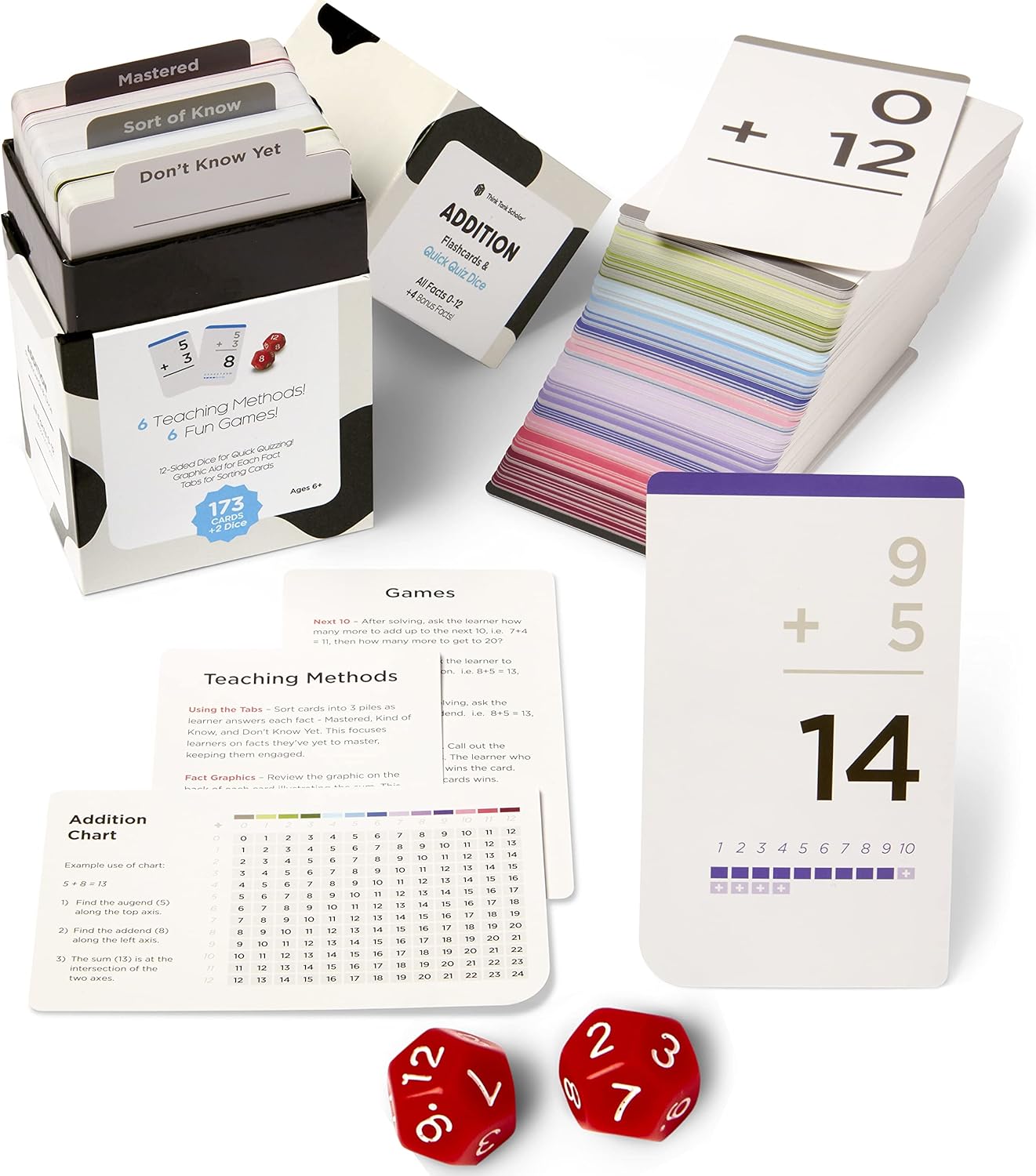 Think Tank Scholar Juego de 173 tarjetas flash adicionales + 2 dados de matemáticas (galardonado). Respuesta de todos los datos del 0 al 12 en la