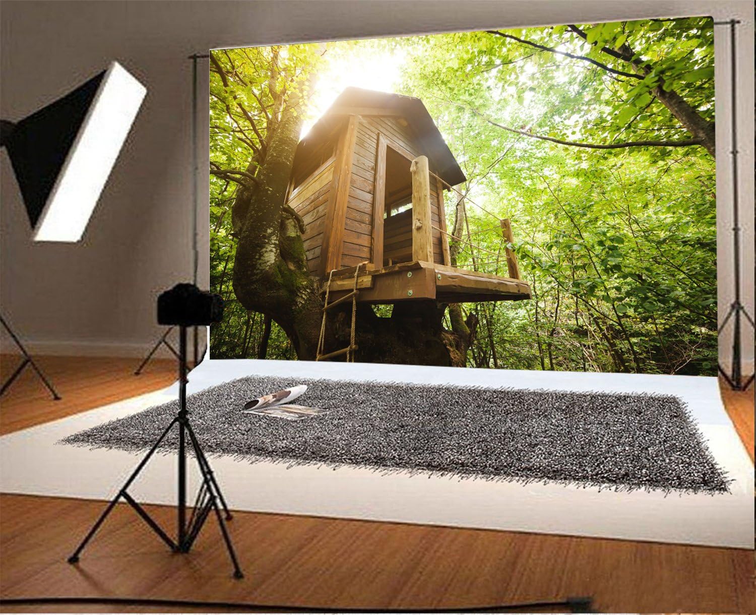 Laeacco Fondo de vinilo de 7 x 5 pies, fondo de fotografía, casa de árbol de madera, tronco enorme, bosque tropical, verano, primavera, hojas
