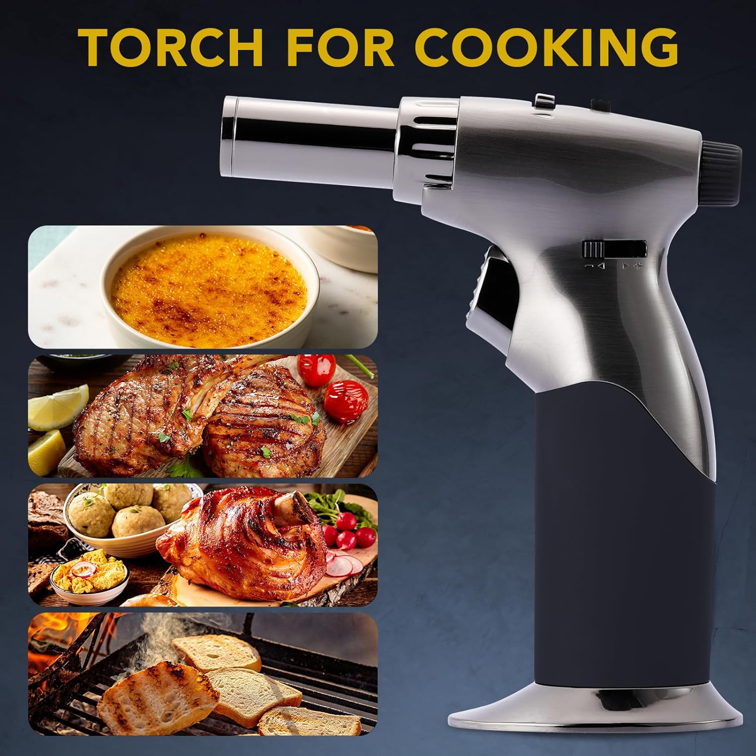 Tuffen Antorcha de cocina gris, pistola de butano de doble llama para velas y crema Brulee y más, encendedor de antorcha de cocina recargable, gas