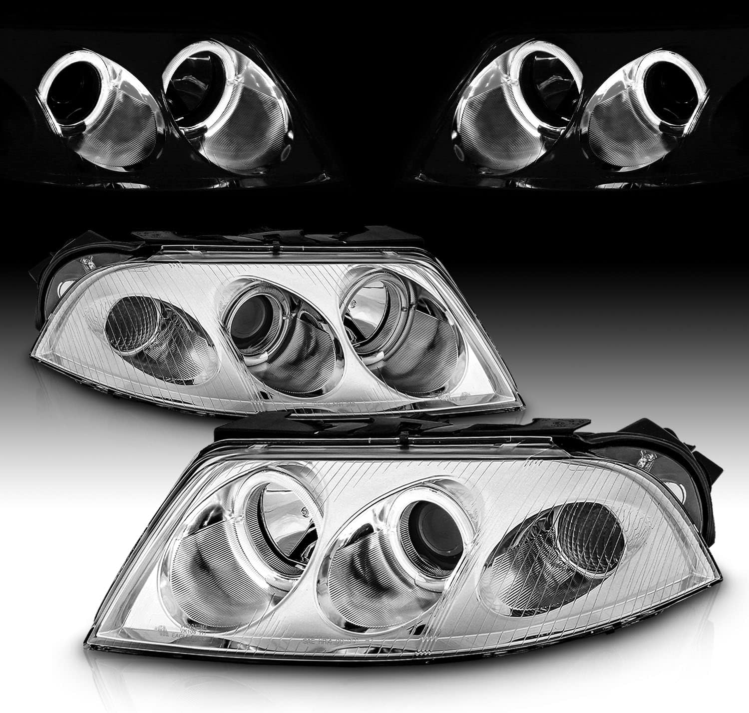 AmeriLite Faros delanteros de repuesto para proyector con halo LED dual cromado para Volkswagen Passat B5.5 02-05 – lado del pasajero y del conductor