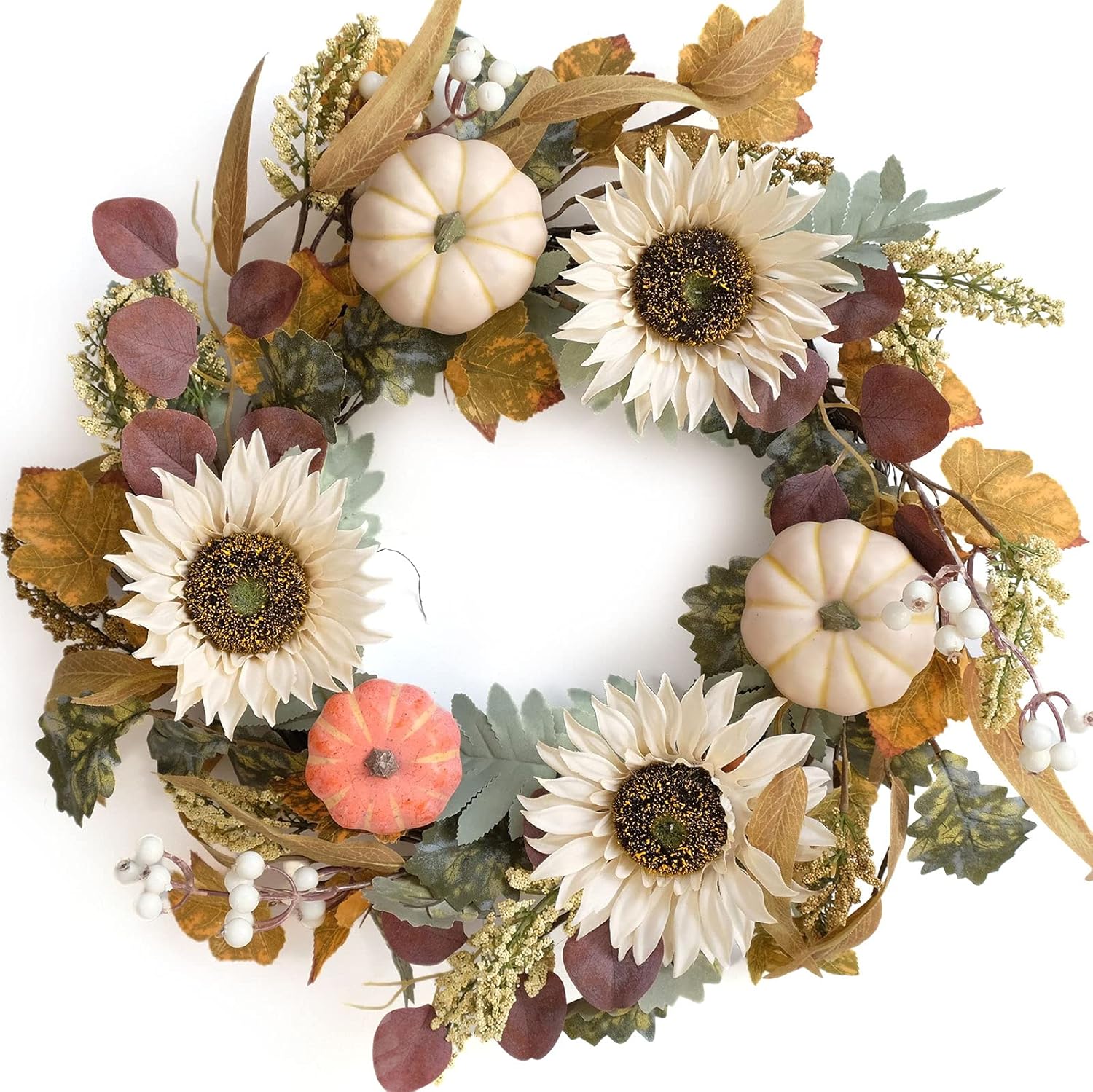 idyllic Calabazas artificiales de 20 pulgadas con girasoles blancos con hojas verdes y amarillas, corona de flores para puerta delantera, pared