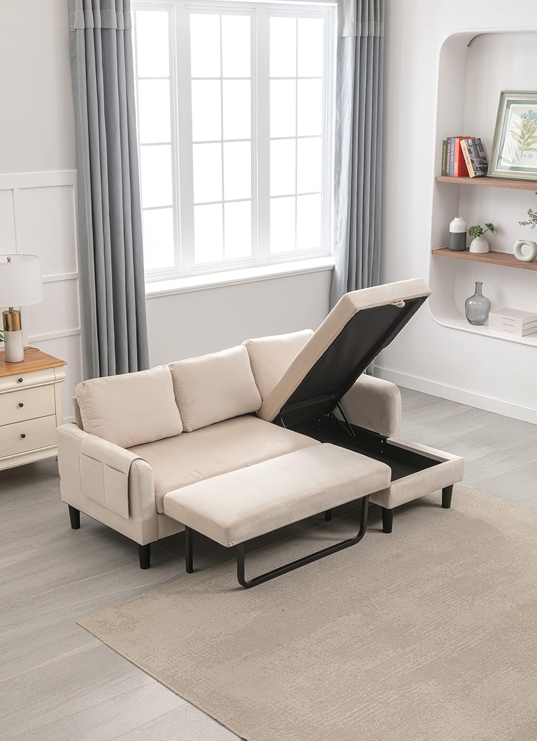 Tumbona seccional de 3 plazas, cama extraíble convertible en forma de L y almacenamiento, cómodo sofá esquinero tapizado de terciopelo para sala de