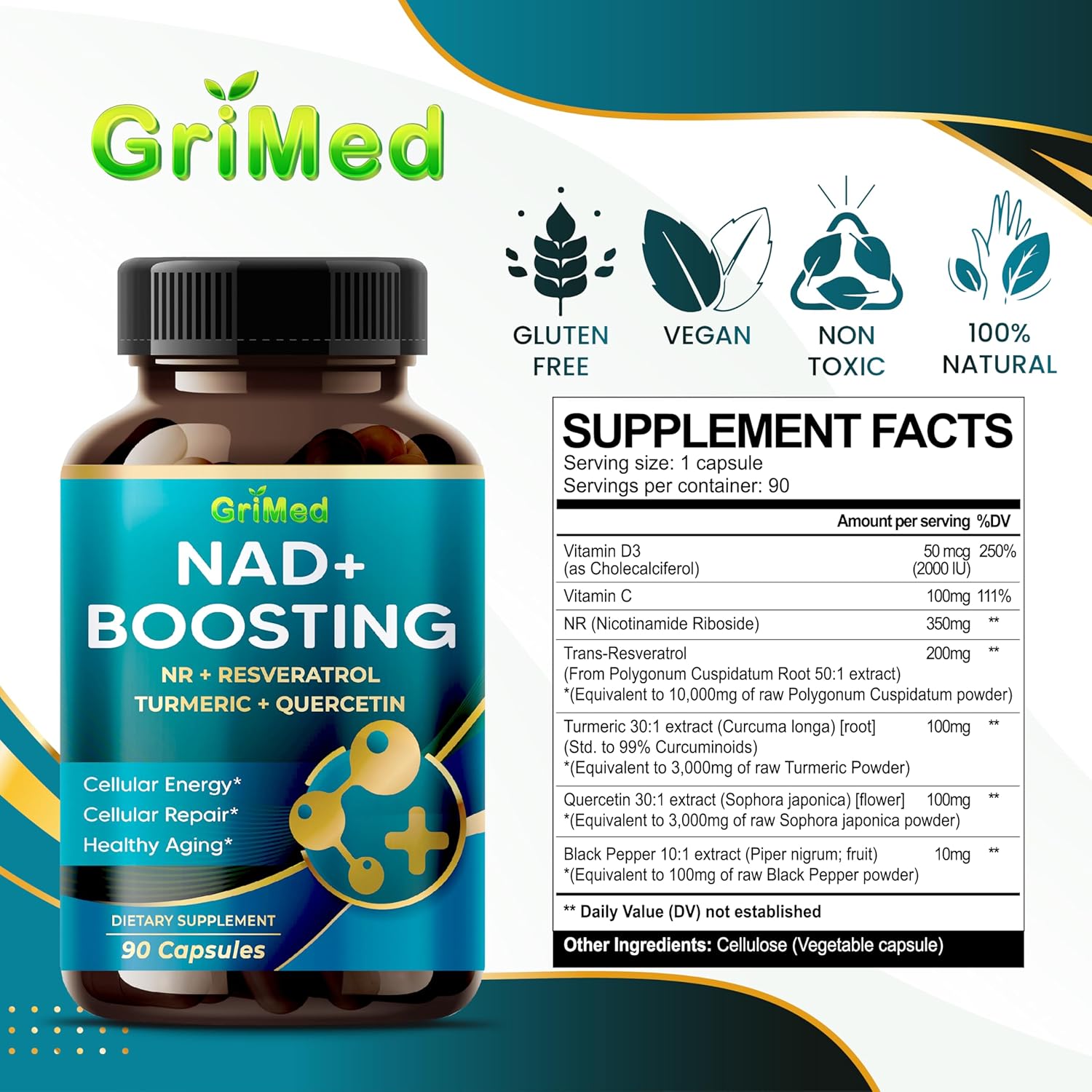 NAD + Potencia de 16,550 mg – x12 con NR + resveratrol cúrcuma + quercetina – Energía celular, reparación celular, envejecimiento saludable –