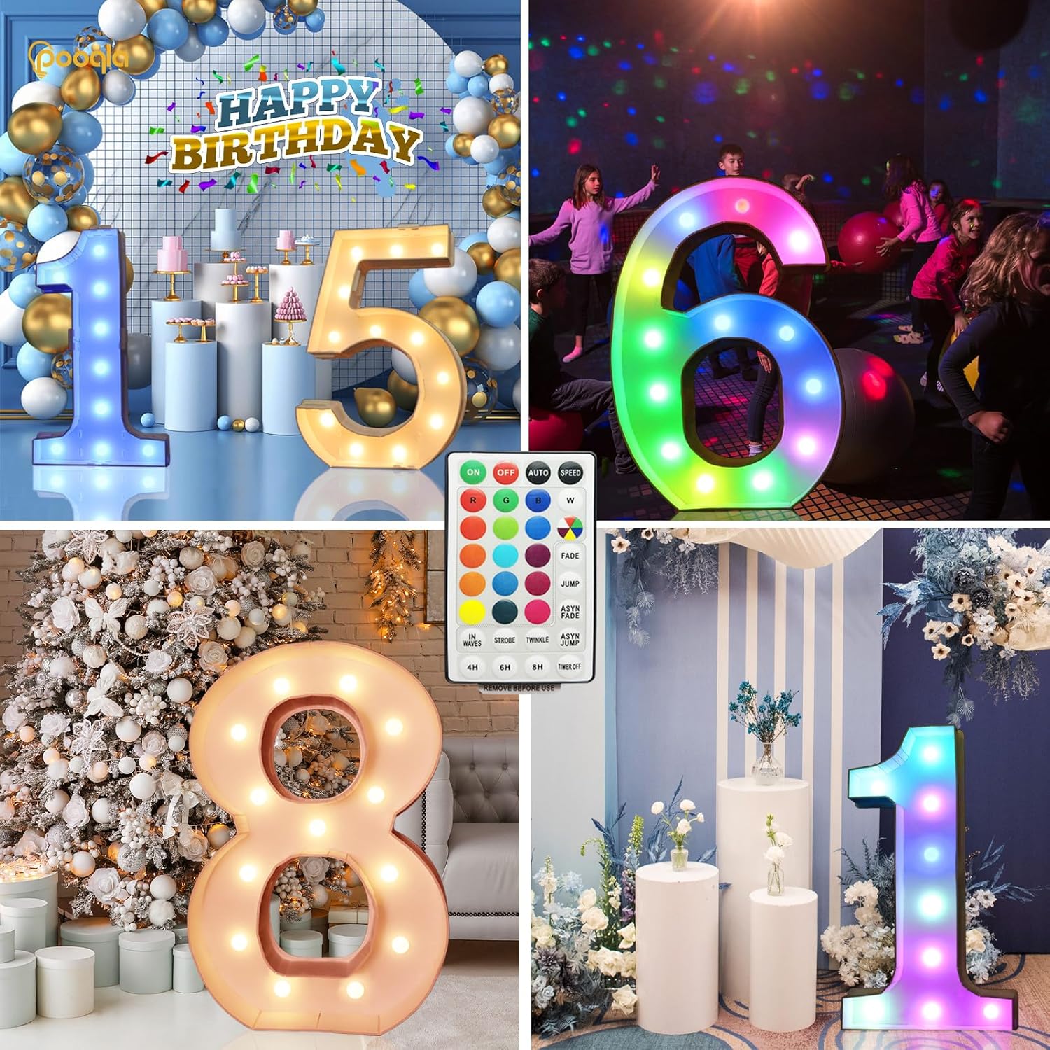 Pooqla Números iluminados de marquesina de 3 pies, números de marquesina grandes iluminados con control remoto, números de mosaico gigante RGB para