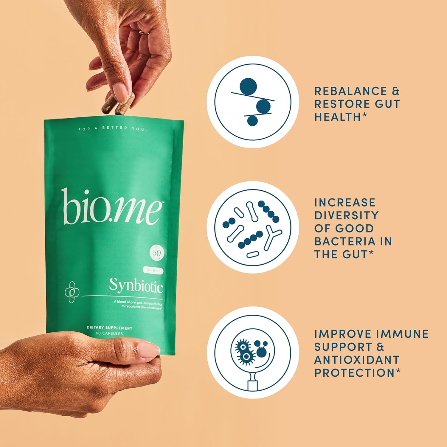 Bio.me Paquete diario de fibra prebiótica y sinbiótica  Fibra en polvo para salud digestiva e hinchazón  Pre, Pro, posbiótico para la salud