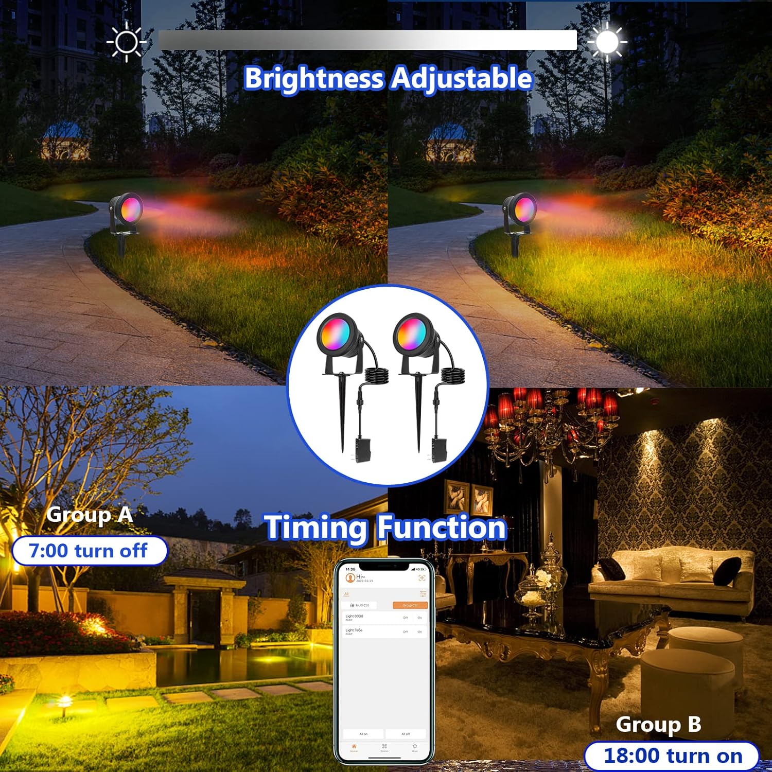 Focos de luz para exteriores, foco impermeable de 15 W LED para exteriores, foco RGBW que cambia de color para patio, luces de paisaje de 12 V con