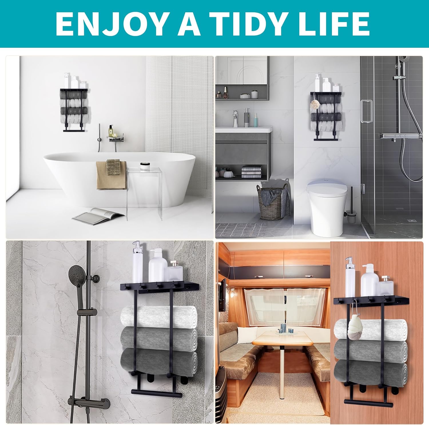 Toallero montado en la pared con estante de metal y 4 ganchos, toallero de acero inoxidable para baño pequeño, almacenamiento de toallas de baño,