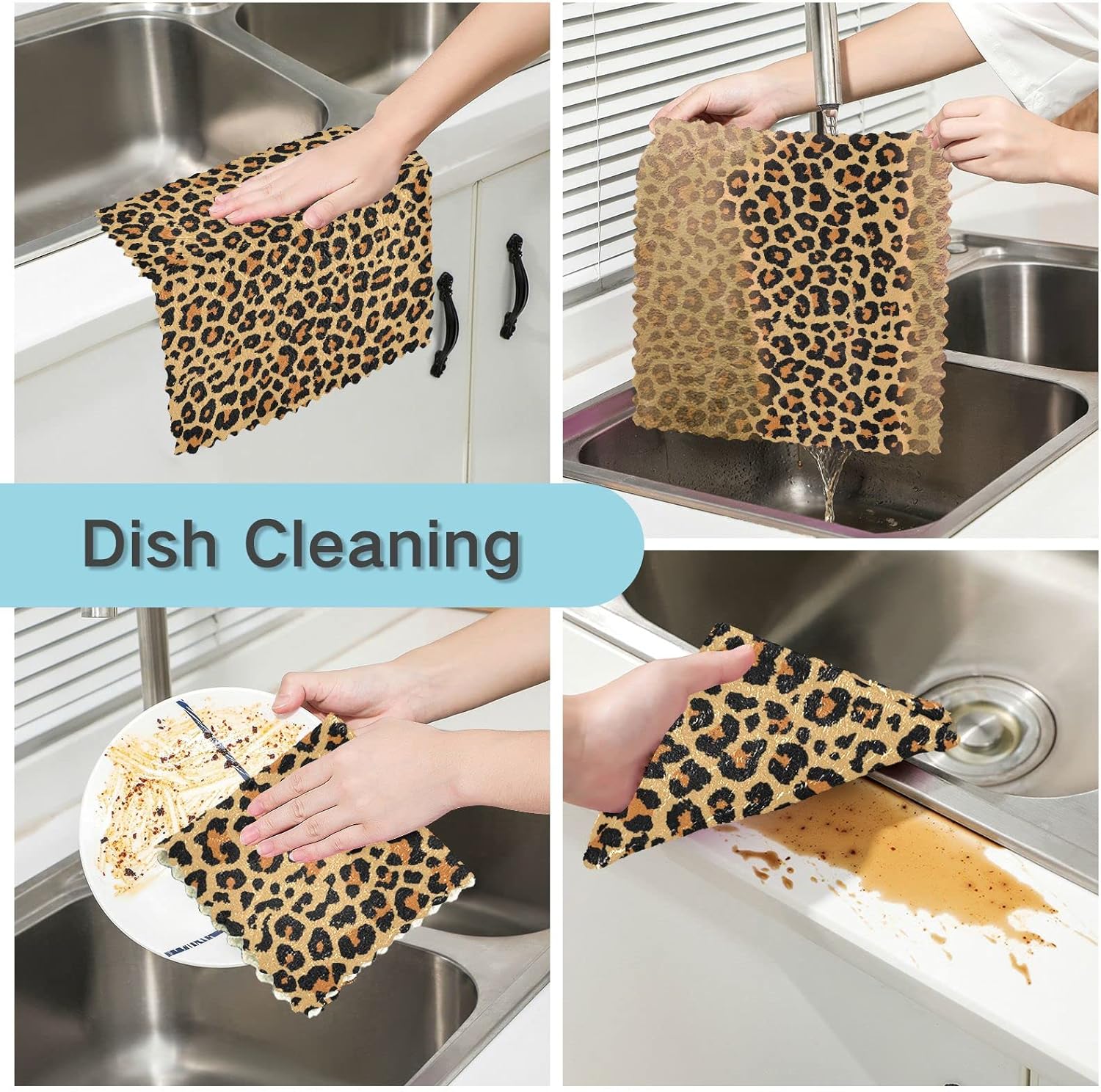 SUABO Paquete de 6 paños de cocina de color negro, marrón, leopardo, amarillo, paños de cocina de secado rápido, toallas de limpieza absorbentes
