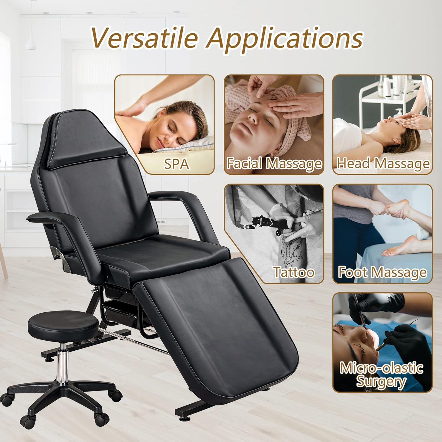 Cama de masaje de salón con taburete, Silla de mesa de masaje facial de spa de belleza de 73 pulgadas, sillas de tatuaje ajustables de 3 secciones,
