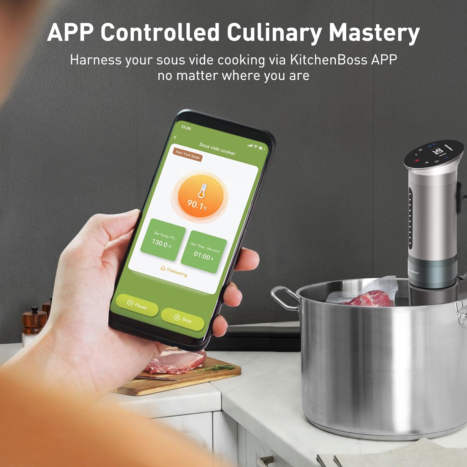 KitchenBoss Wifi Sous Vide Machine Ultra-silencioso Sous-vide Immersion Circulator Cooking Machine APP Control 1100W, IPX7 impermeable Precision