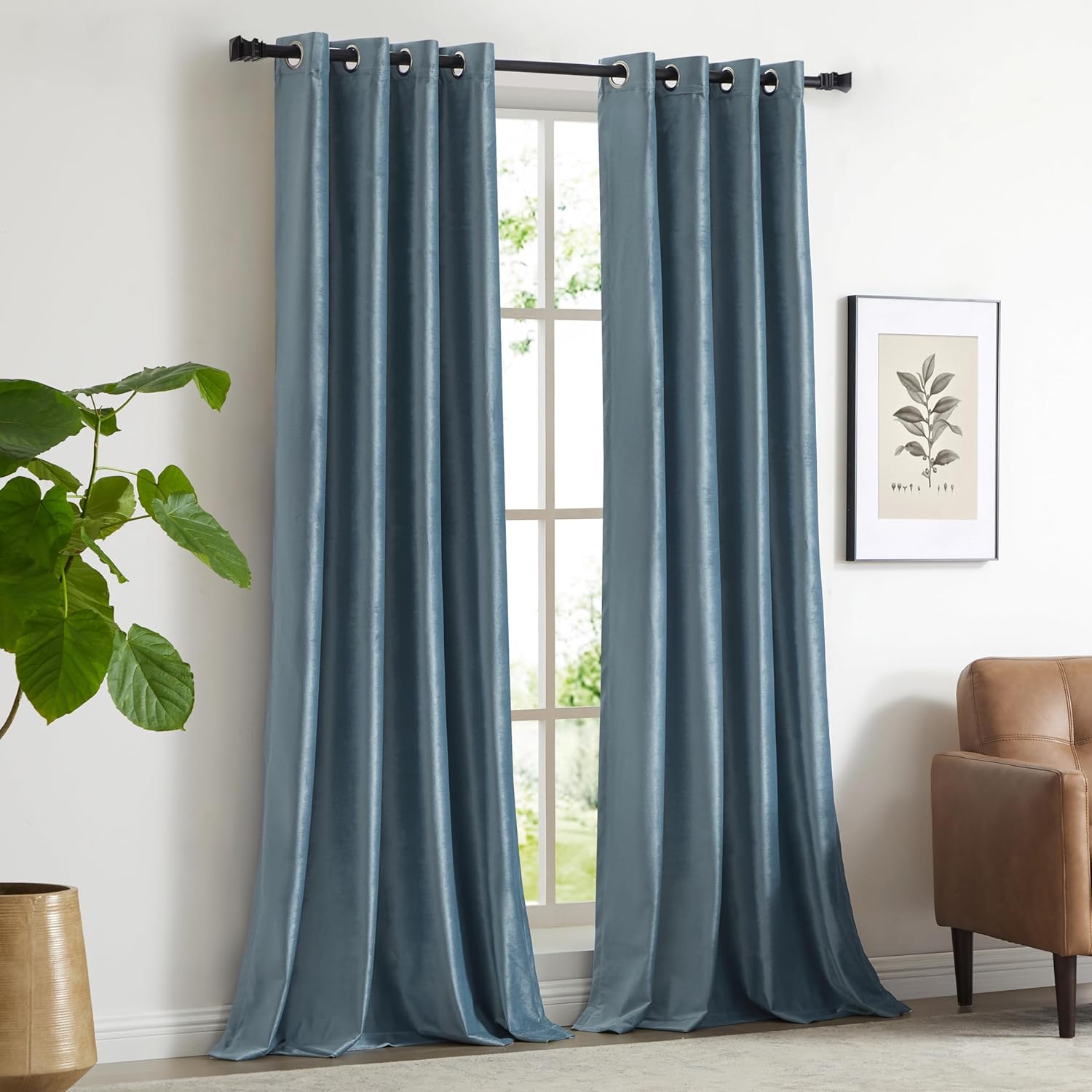 GIGIZAZA Cortinas de terciopelo 100% opacas de 96 pulgadas, 2 paneles, cortinas de ventana azul piedra con forro térmico de lujo para sala de estar,