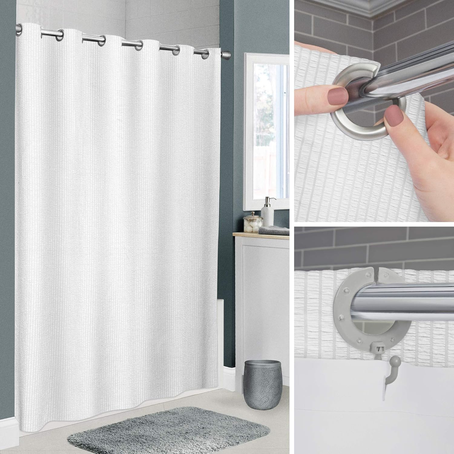 Zenna Home Value InstaCurtain Norwalk – Cortina de ducha de tela de sirsaca, color blanco, 70 x 74 pulgadas