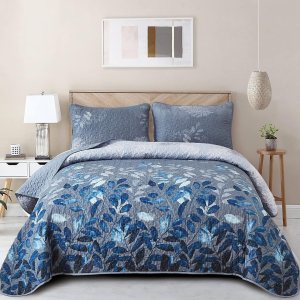WONGS BEDDING Juego de edredón floral azul California King, juego de colcha de 3 piezas con hojas botancales con 2 fundas de almohada para todas las WONGS BEDDING Juego de edredón floral azul California King, juego de colcha de 3 piezas con hojas botancales con 2 fundas de almohada para todas las