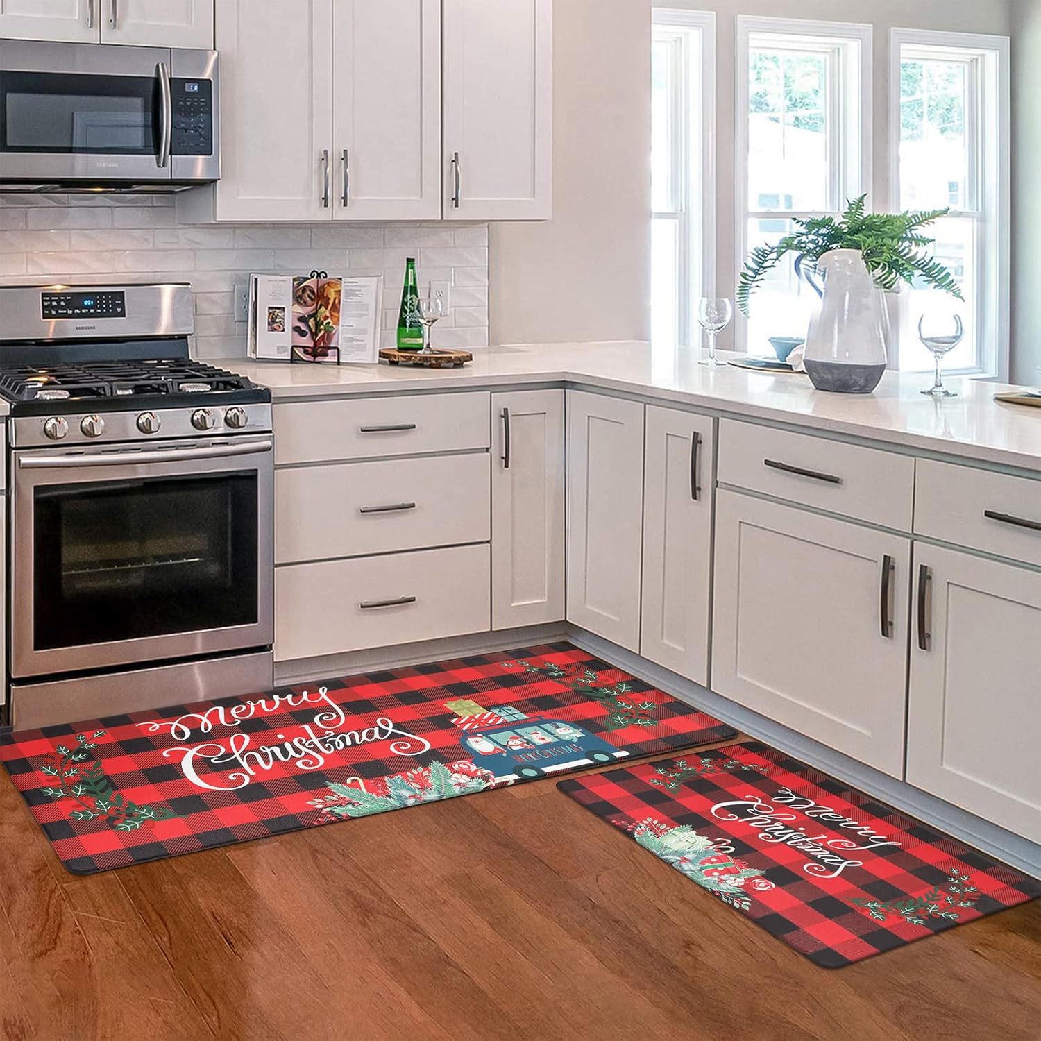 Pauwer Juego de 2 alfombras de cocina con texto en inglés “Merry Christmas”, tapetes de cocina con diseño de búfalo rojo, antideslizantes,