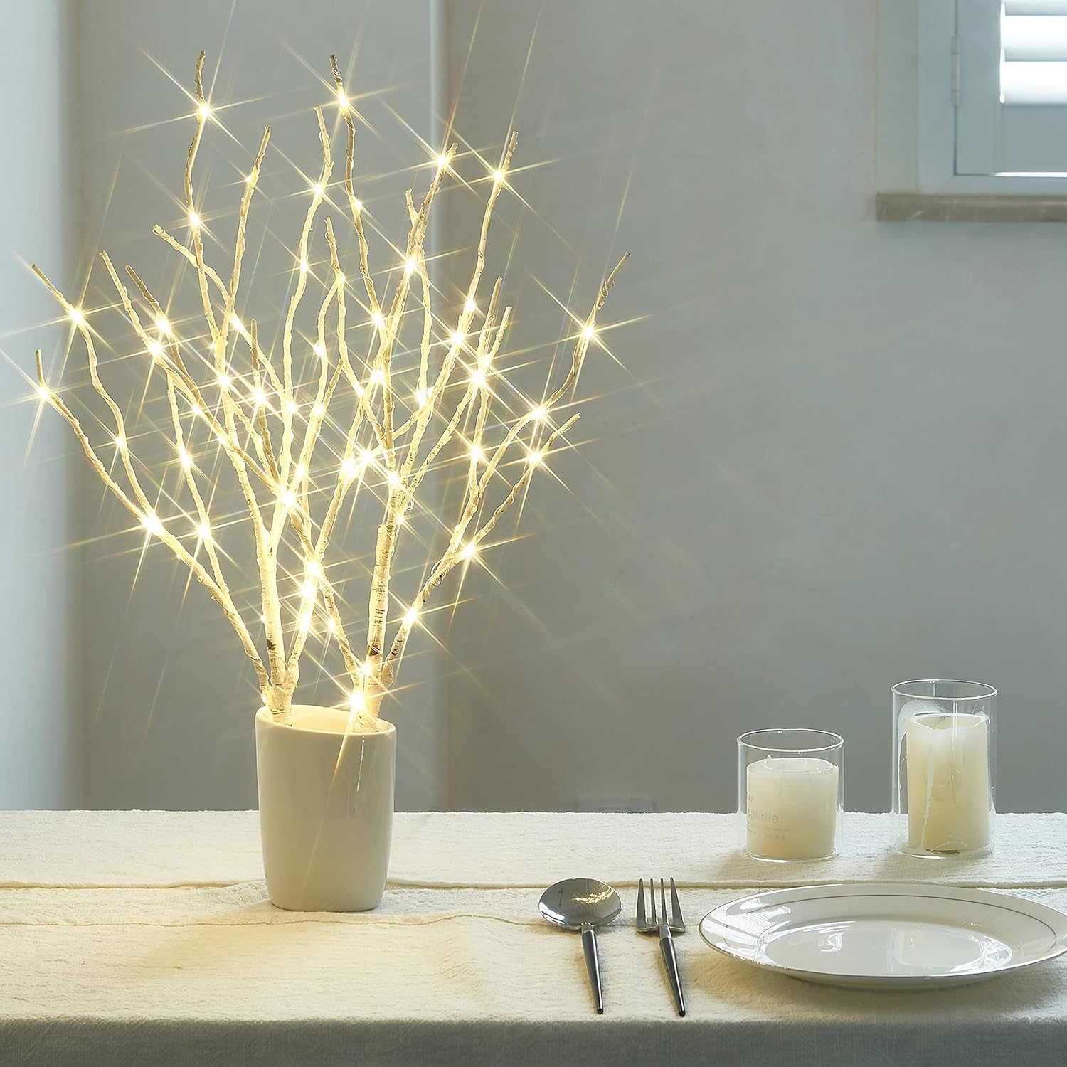 Birchlitland Ramas de abedul iluminadas con temporizador, funciona con pilas, 18 pulgadas, 70 L, luces LED blancas cálidas, luces decorativas