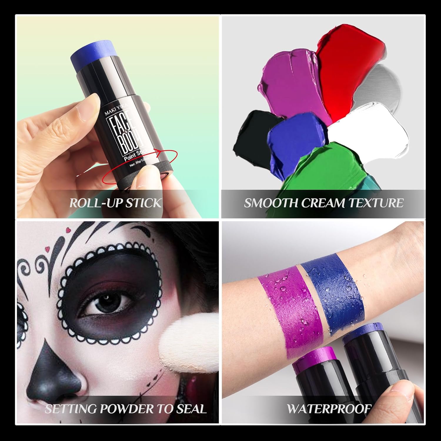 Palo de pintura blanca para rostro y cuerpo, palitos negros para deportes, maquillaje SFX no tóxico para esqueleto fantasma, disfraz de Halloween,