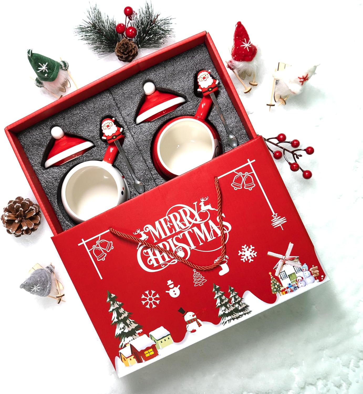 Juego de 2 tazas de café con diseño de árbol de Navidad color rojo, tazas de café de cerámica duraderas con tapa y cuchara de 16 onzas, el mejor