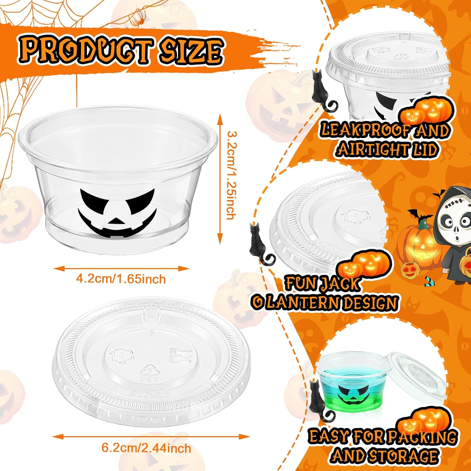150 vasos de gelatina de 2 onzas con tapas, divertido diseño de Jack O Lantern para Halloween, Navidad, Acción de Gracias, despedida de soltera