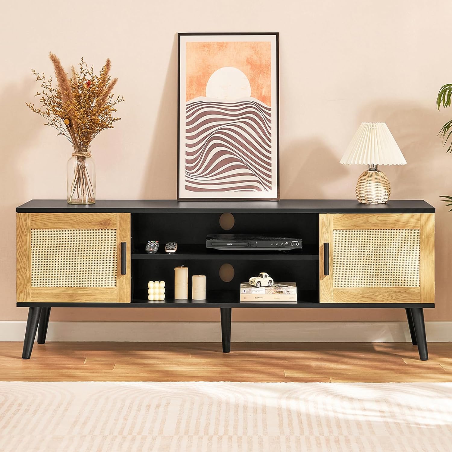 Iwell Soporte de TV de ratán para TV de 55, 65, 70 pulgadas, centro de entretenimiento con estante ajustable y 2 gabinetes, soportes de TV para sala