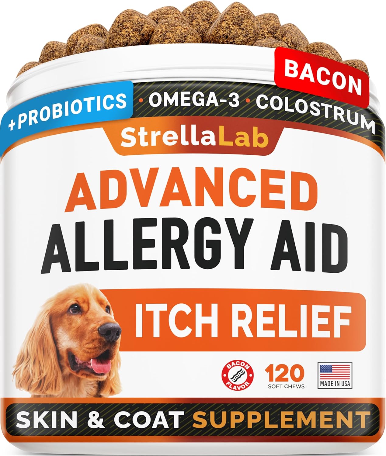 STRELLALAB Masticables avanzados para aliviar la alergia y la picazón para perros con aceite de pescado Omega 3 y probióticos – Alivio de la picazón