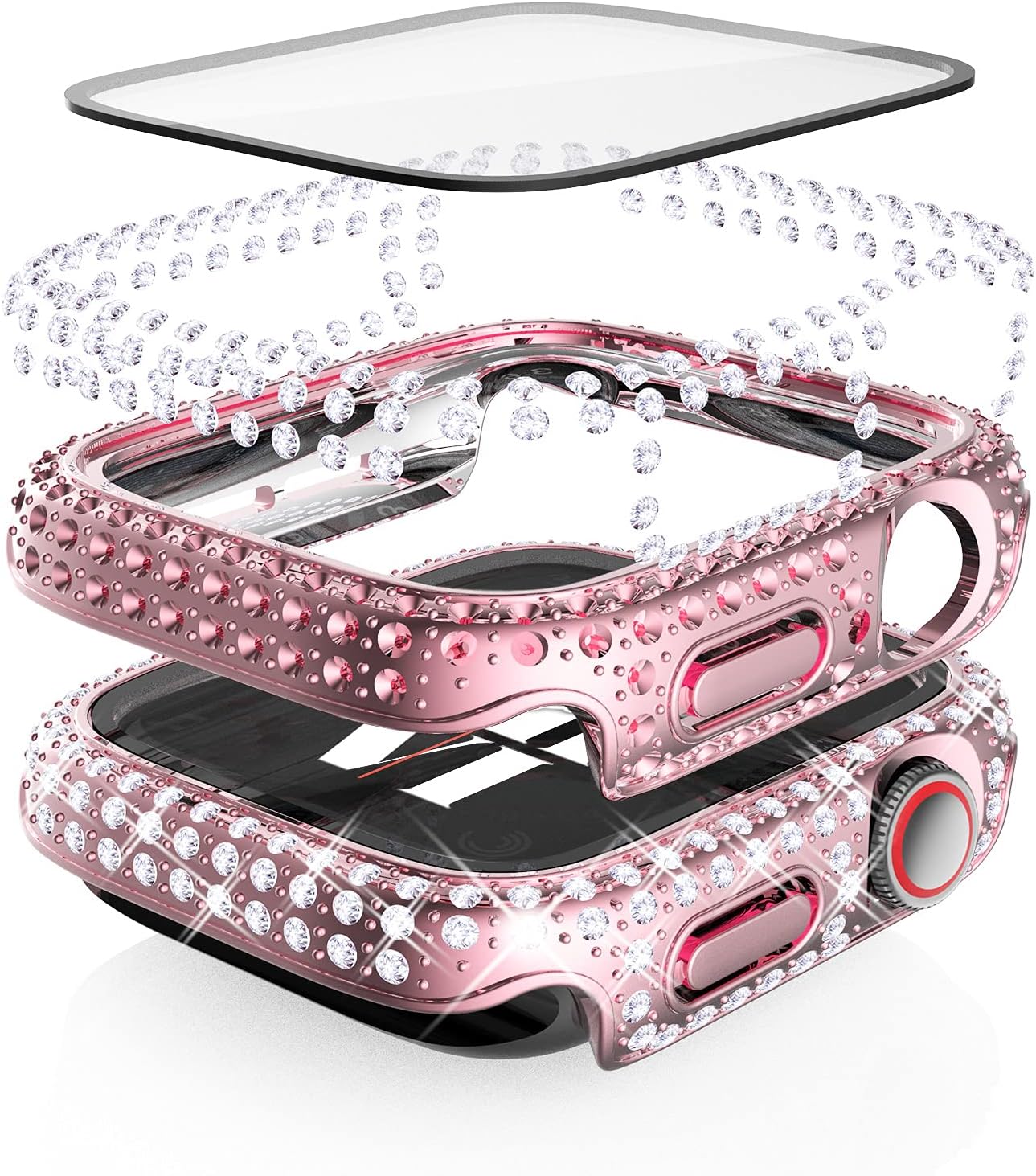Fullife – Paquete de 3 carcasas con diamantes de cristal de imitación compatibles con Apple Watch de 1.57pulgadas, con protector con vidrio templado