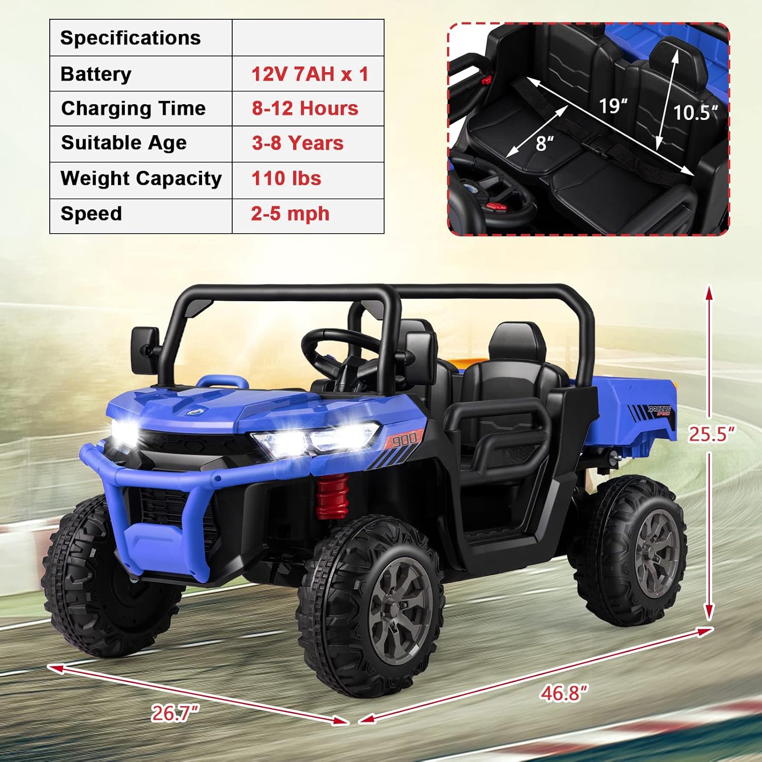 HONEY JOY Auto de 2 plazas, camión volquete eléctrico todoterreno de 12 V con control remoto, cama volquete móvil, pala, música, suspensión de