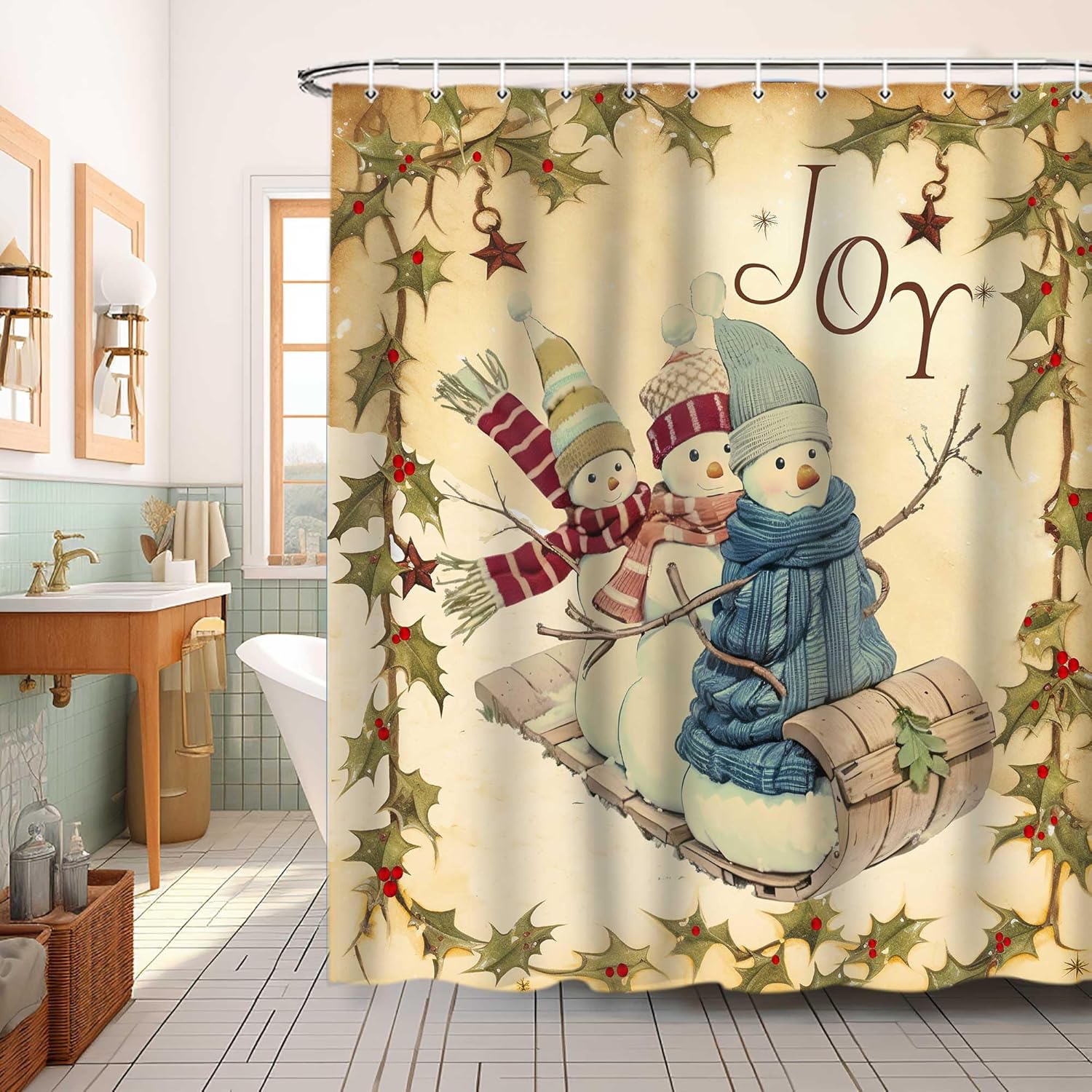 Cortina de ducha de muñecos de nieve de Navidad, bonita cortina de muñeco de nieve, decoración de baño, accesorios de decoración de baño, tela