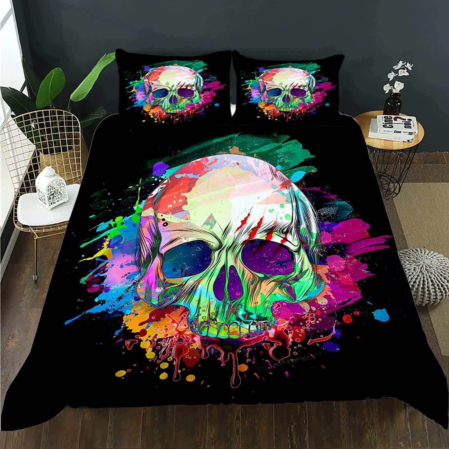 AILONEN Juego de ropa de cama de calavera para adolescentes y niños, juego de funda de edredón con estampado de calavera, juego de ropa de cama con