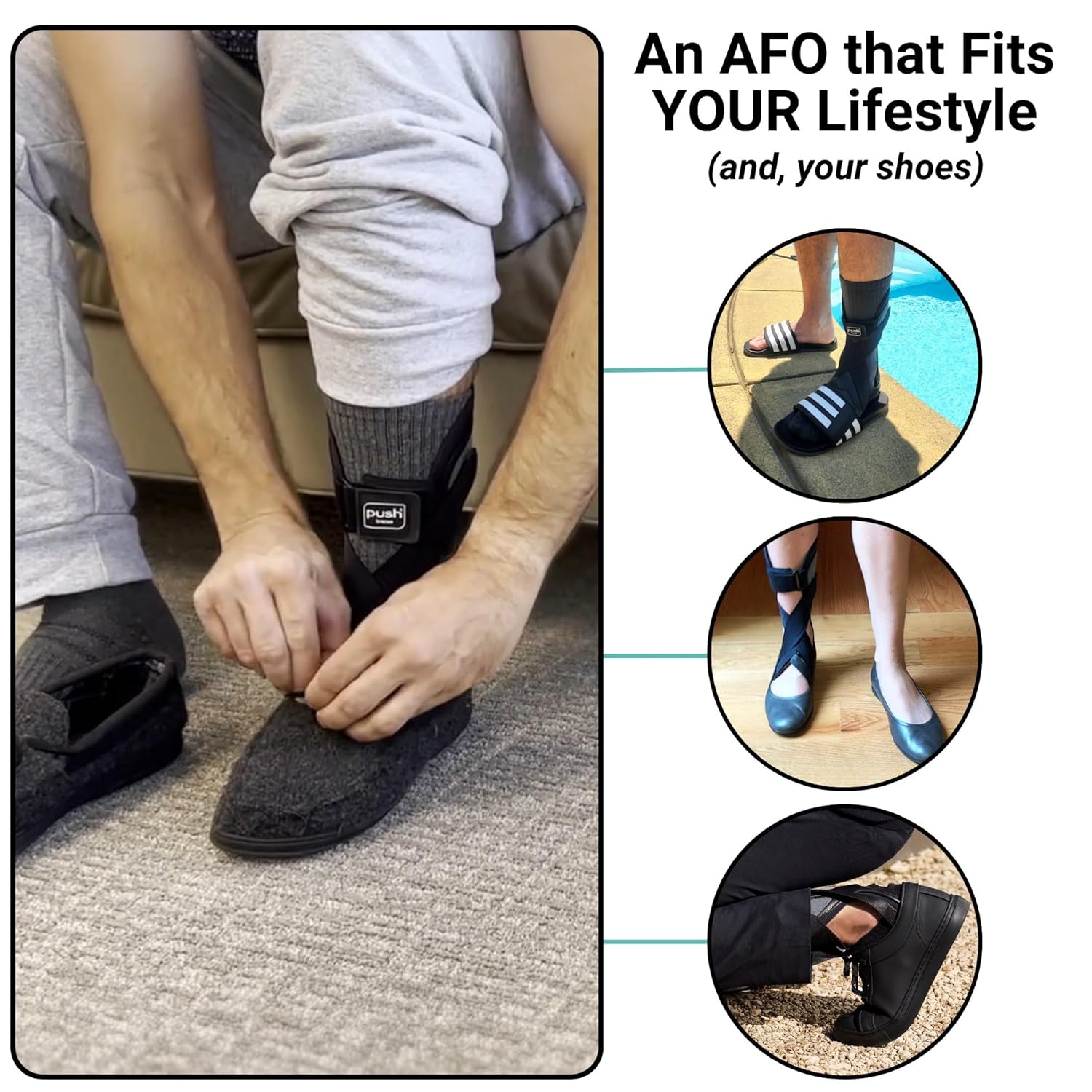 PUSH ortho – Ortesis de pie y tobillo para un apoyo cómodo. Se puede usar con zapatos. Cómodo y flexible soporte AFO para pie caído (parálisis