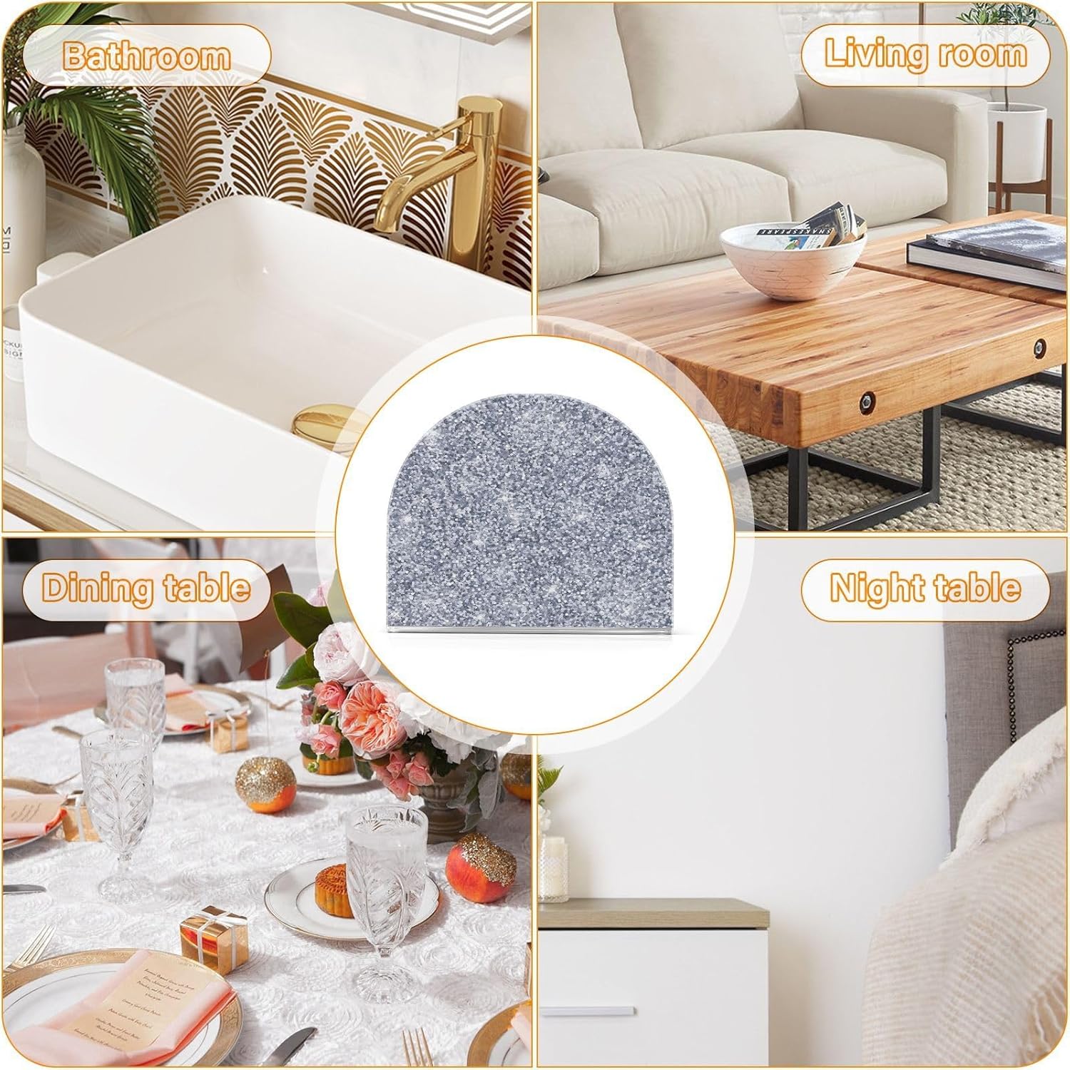 Servilletero con purpurina plateada para mesa, dispensador de pañuelos independiente, soporte de servilleta de acrílico para encimera de cocina y