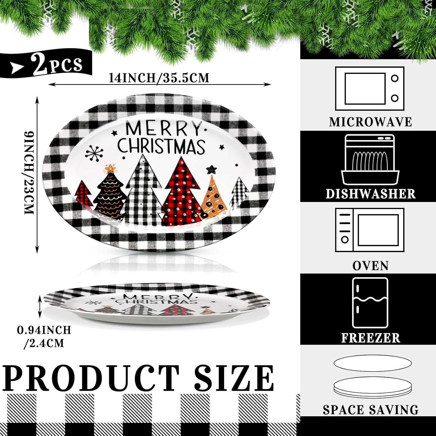 Kigley 2 platos ovalados de cerámica para árbol de Navidad, platos decorativos de búfalo blanco y negro, platos decorativos para árboles de Navidad